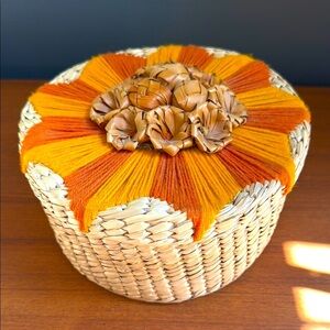 Vintage Sunburst Accent Basket with Warm Tones handmade Mcm wicker